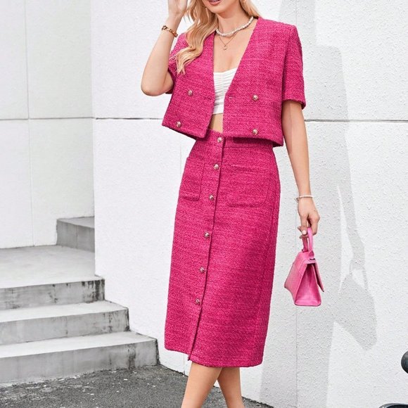 . Jackets & Blazers - Hot Pink Casual Womens Solid Button Front Jacket & Skirt